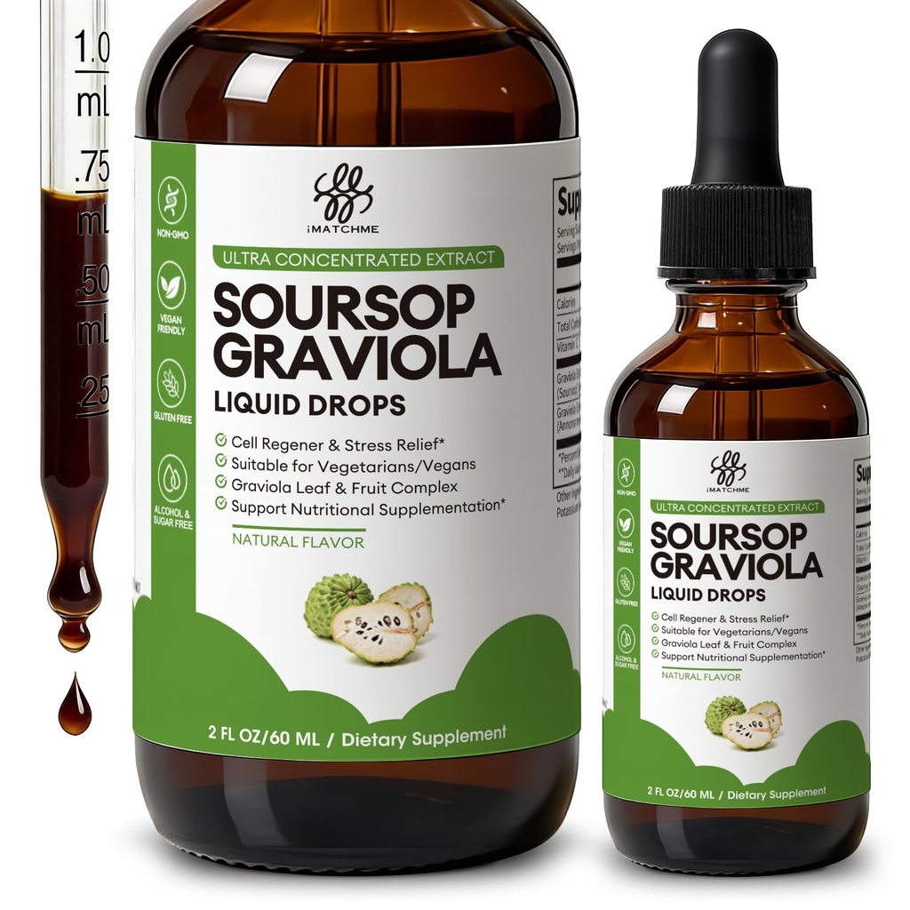 iMATCCHME Soursop Graviola flytende dråpe for cellestøtte og regenerering, immunsystem og Gut helsestøtte, ren sursop biter flytende, høy absorpsjon, sukker / glutenfri, naturlig flavor, 2 fl Oz