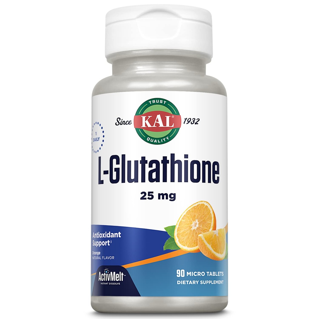 KAL L-Glutatione, Redusert glutathion Supplement, høy absorpsjon Antioksidant, Orange Flavor Instant Oppløse ActiveMelt, Vegetarisk, Lab Verifisert, 90 Serveringer, 90 Micro Tabletter