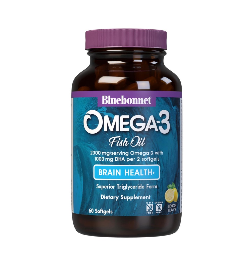 Bluebonnet ernæring Omega-3 Hjerne Formula Naturlig Wild Caught Triglycerid Form DHA 860 mg EPA 120 mg - høy konsentrert kognitiv helse og velvære støtte Supplement - Glutenfri - 60 Softgels