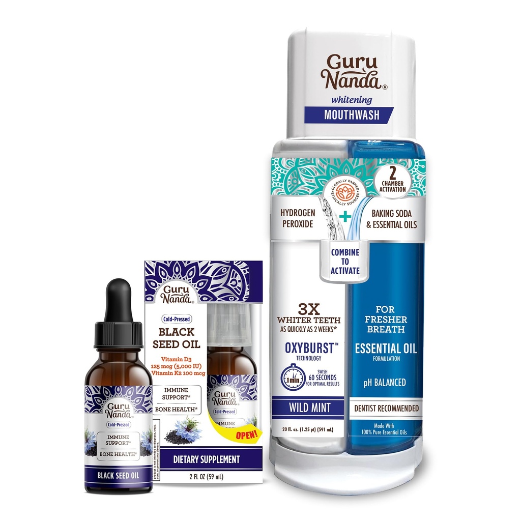 GuruNanda Svart frøolje, kaldpresset Nigella Sativa - rik på vitamin D3 5000 enheter, K2 & E & Dual Barrel Oxyburst Whitening Munnvask - Inneholder hydrogen peroksyd