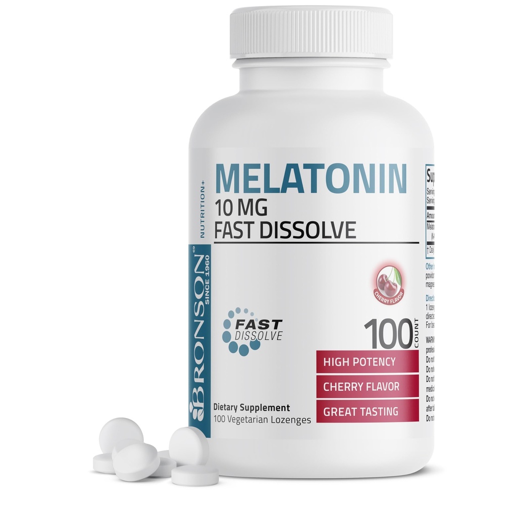 Bronson Melatonin 10mg Fast Oppløse Cherry Flavored Tabletter Vegetariske Chewable Lozenges, 100 Count