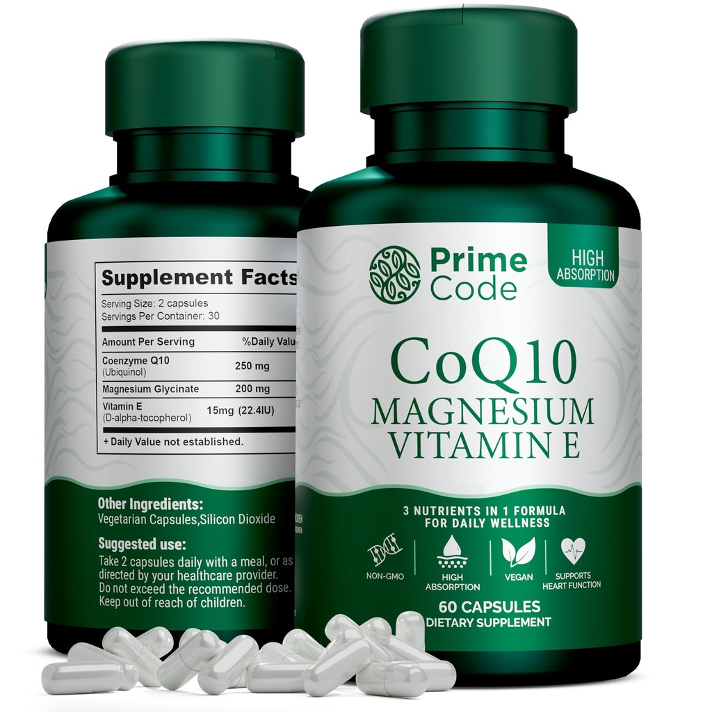 Prime Code [ 3 i 1] CoQ10 250mg med magnesiumglycinat og vitamin E | CoQ10 Kapsler 250mg | Magnesiumglycinat 200mg | Vitamin E 15mg | Ikke-GMO | Glutenfri | Vegan