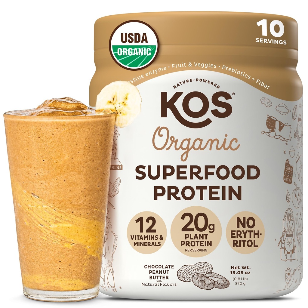 KOS Vegansk protein pulver, sjokolade peanut smør - lav carb peaprotein blanding, USDA organisk supermat med vitaminer og mineraler - keto, soya, myk gratis - Måltid erstatning for kvinner og menn - 10 serveringer