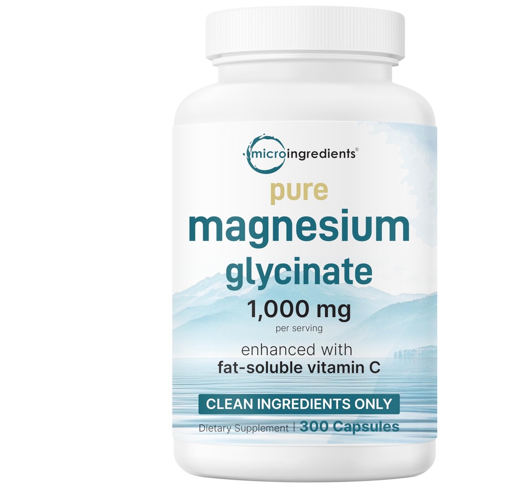 Pure Magnesium Glycinate 1000mg, 300 Kapsler | 100% Chelated for Max Absorpsjon | Støtte for søvn, muskel, hjerte og nerve helse | Forbedret med vitamin C | Bare bruker aktive ingredienser