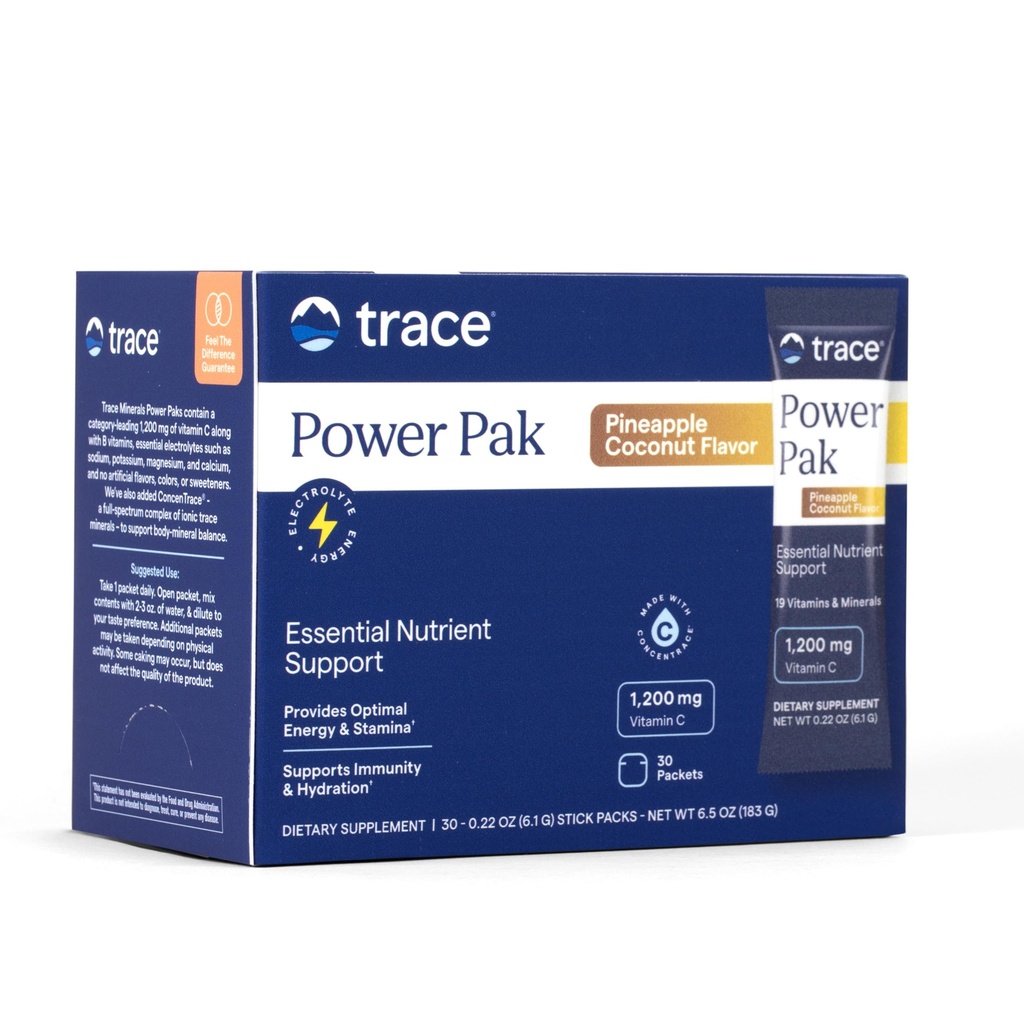 Trace Minerals Power Pak Multivitamin og Multimineral Packets - Electrolyte Support - 1200 mg Vitamin C Plus 70+ Trace Minerals - Pineapple Coconut Flavor - 30 Packets