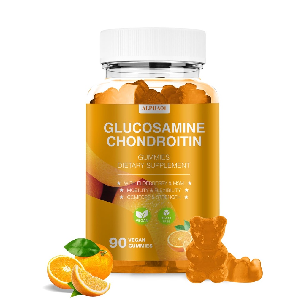 Glucosamine Chondroitin Gummies - 3000MG ekstra styrke felles støtte Supplement med MSM & Elderberry, Fleksibilitet, Antioksidant immun støtte Gummi for voksne, menn og kvinner - 90 Orange Gummies