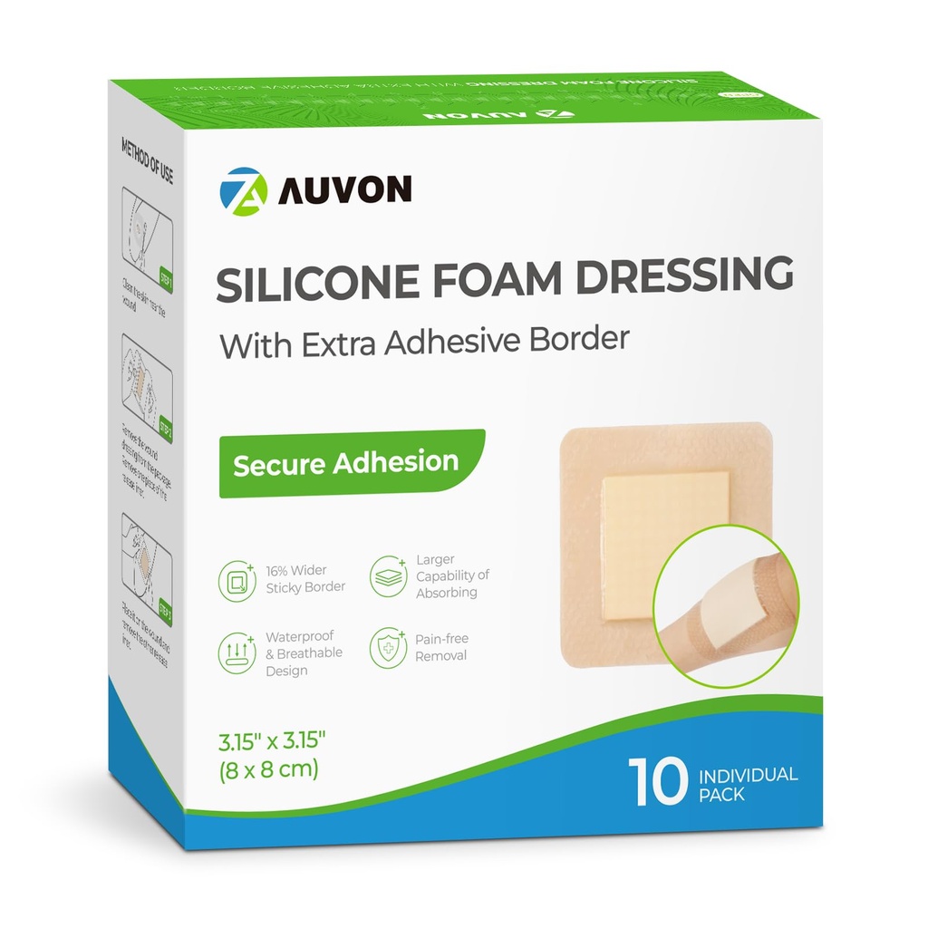 AUVON silikonskum kjole med stor klesgrense, 3" x 3" 10 pakker sår dressing bandasje med høy absorbens, vanntett silikonskum pads for sårpleie og beskyttelse Plus Cushining
