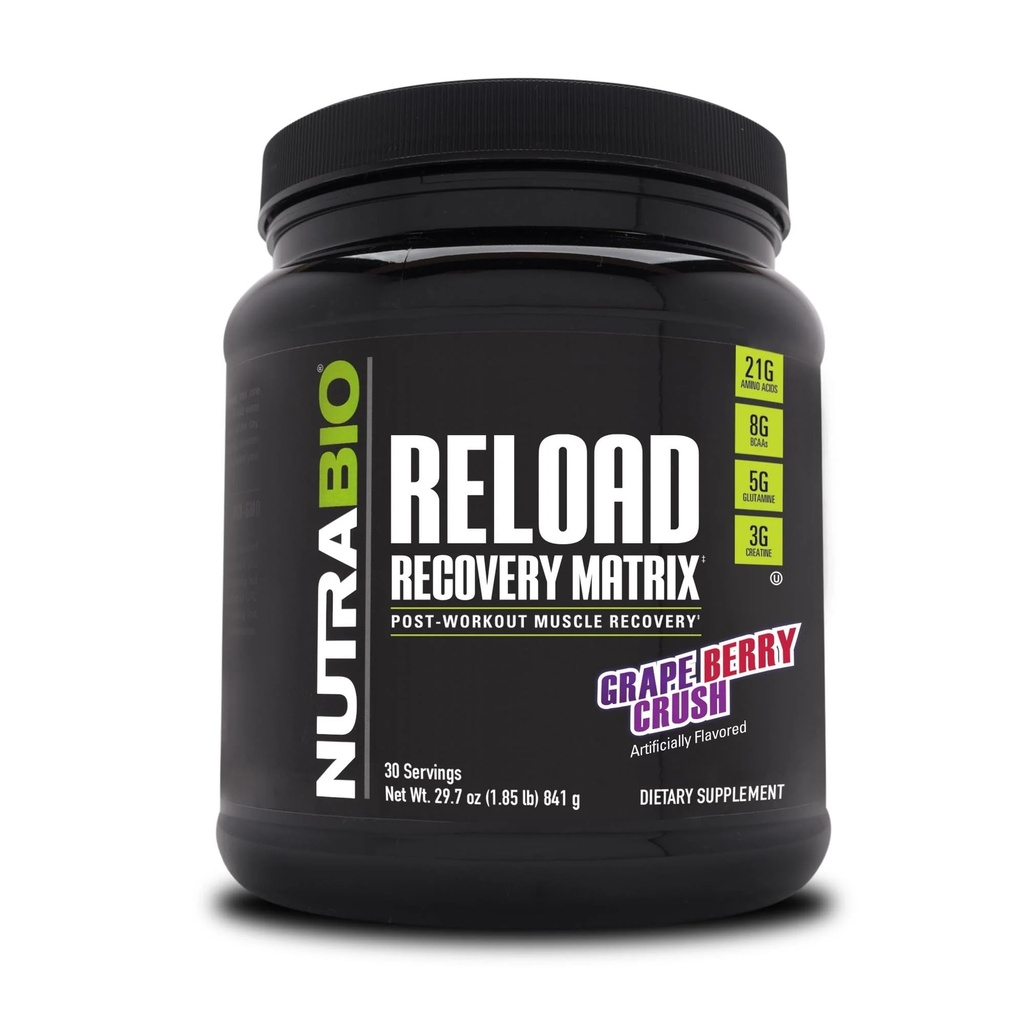 NutraBio Reload - Kraftig muskelgjenvinning formel - Post-Workout Supplement - 3G Creatine - 8G BCAA - 5G Glutamin - 30 Serveringer, Grape Berry Crush
