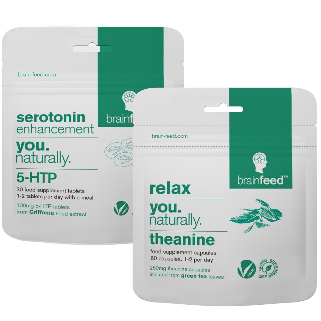 Serotonin Kosttilskudd & Naturlig l teanin | Serotonin Mood Support & Stress Relief Supplement | 5HTP 100mg + 250mg L teanin kapsler | 2 måneds forsyning | Vegan