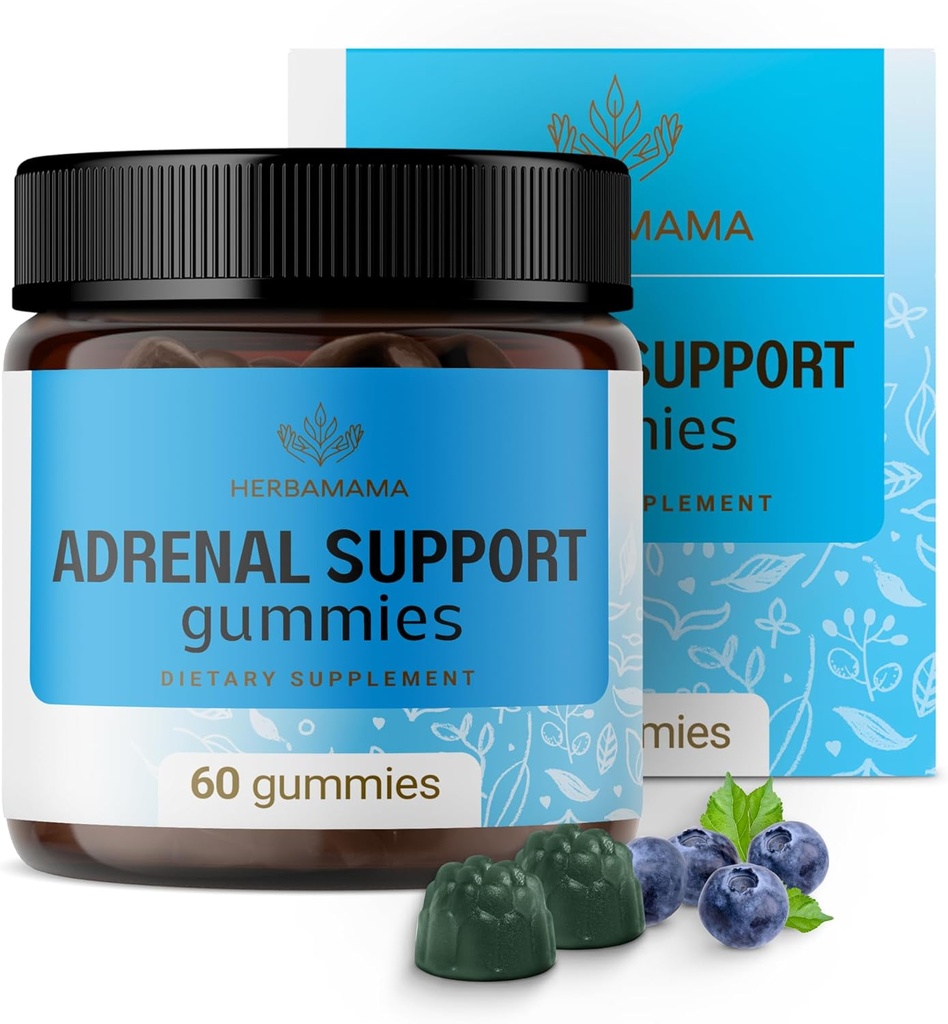 HERBAMAMA Adrenal Support Gummies - Pure Adrenal Complex Supplement for kvinner med Ashwagandha Root, Rhodiola Rosea & Magnesium - Vegansk, ikke-GMO - 60 Pektin-basert Blåbær-Flavored Chews