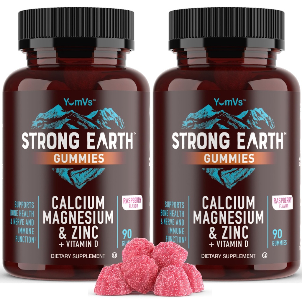 YUM-V'S Kalsium, magnesium, sink og vitamin D-gummier, Cal Mag Chewable Supplement, vegetarisk Kosher Halal naturlig bringebær Flavor Gummies for voksne kvinner og menn - 90 Count (Pack of 2)