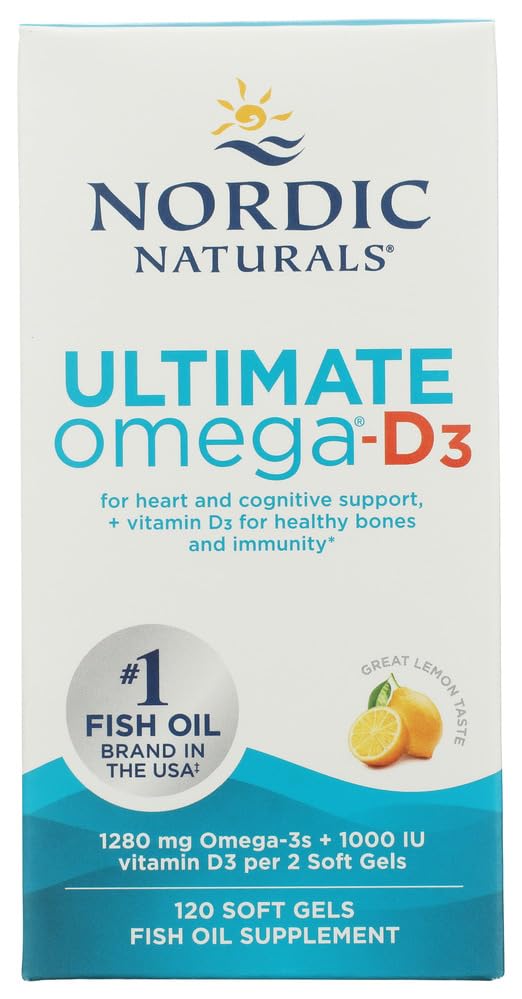 Nordic Naturals Ultimate Omega-D3, Lemon Flavor - 120 Soft Gels - 1280 mg Omega-3 + 1000 IU Vitamin D3 - EPA & DHA - fremmer hjerne, hjerte og immun helse - 60 Serveringer
