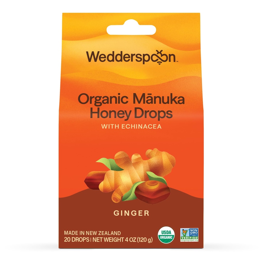 Wedderspoon Organic Manuka Honning Drops, Ginger & Echinacea, 20 greve (Pack of 1)