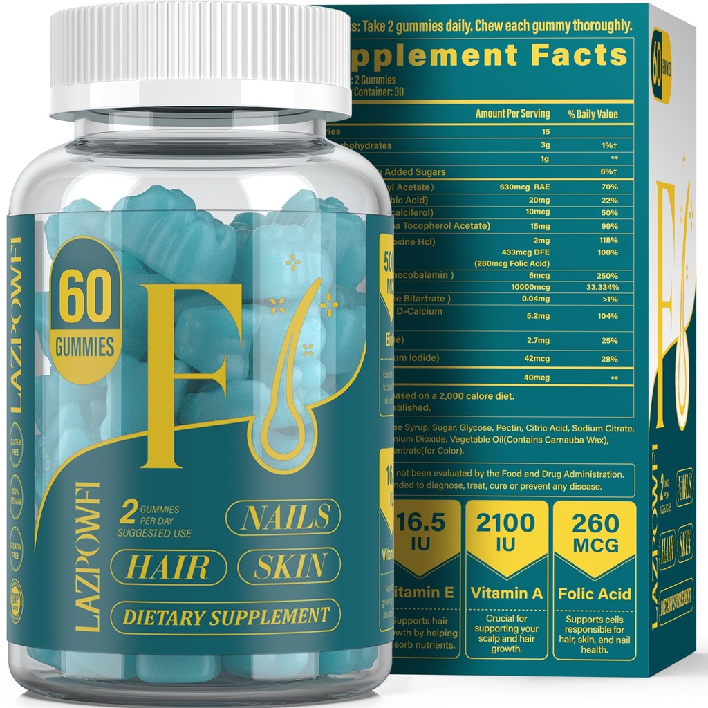 Biotin Gummies - Hårete hud og negle vitaminer for menn og kvinner, Vegan vitamin B7, støtter hårvekst og sterkere negler, 30 dagers forsyning - Blåbær-60 greve