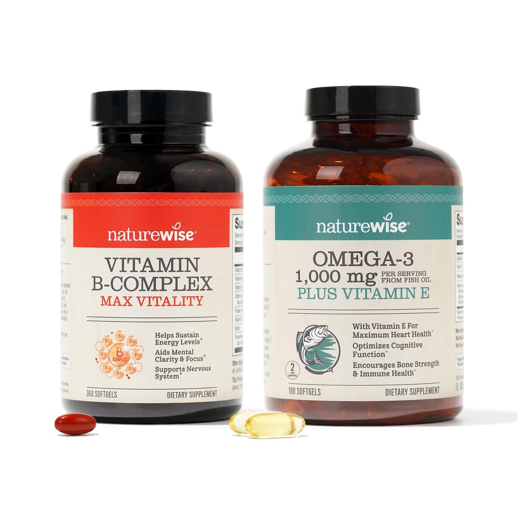 NatureWise Vitamin B Complex 360 Softgels & Omega 3 Fiskeolje 180ct for energi, hjerte, hjerne, immun & visjon støtte