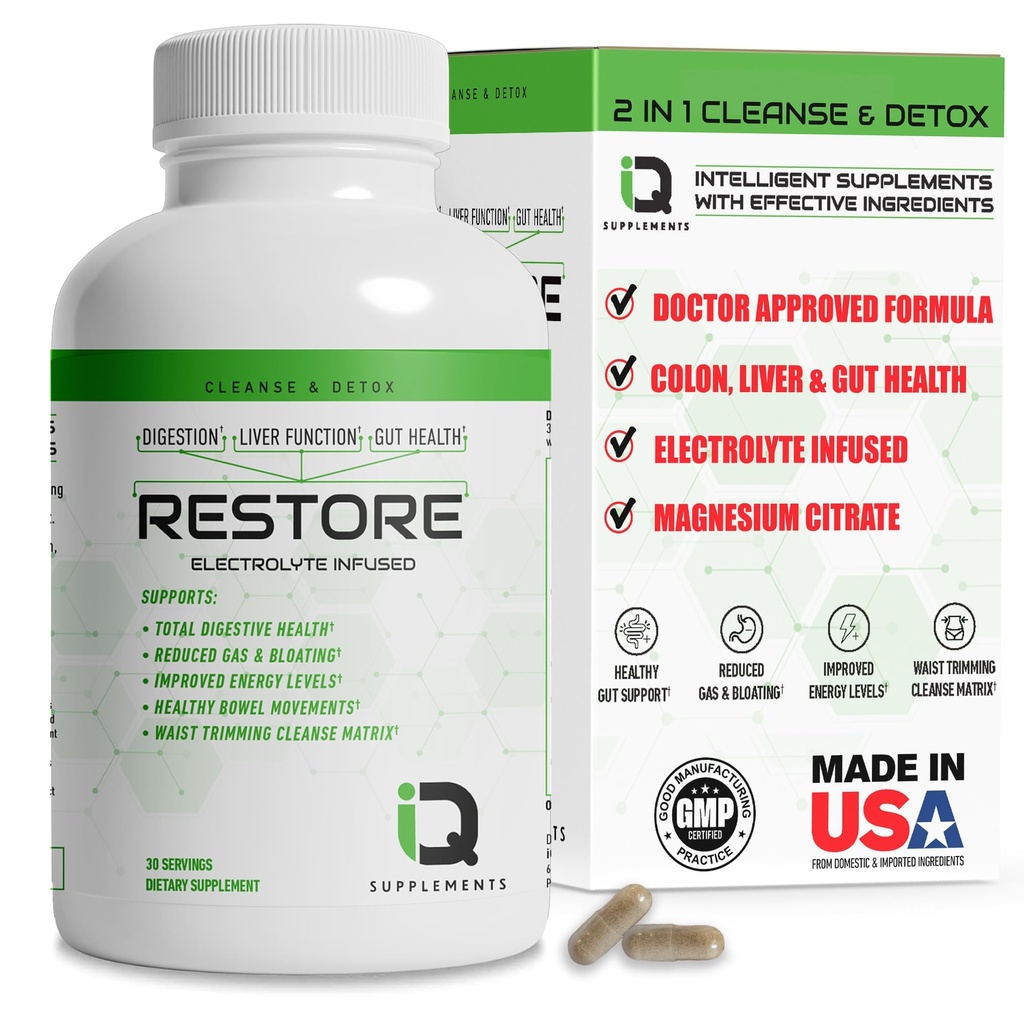 Restore 2 I 1 Colon Cleanse & Detox m/ Psyllium - Støtter Digestion, Oppblåsning og lindring for kvinner og menn, Gut Detox Cleanse m/ Magnesium | Elektrolytt Infusert Colon Cleanser & Detox