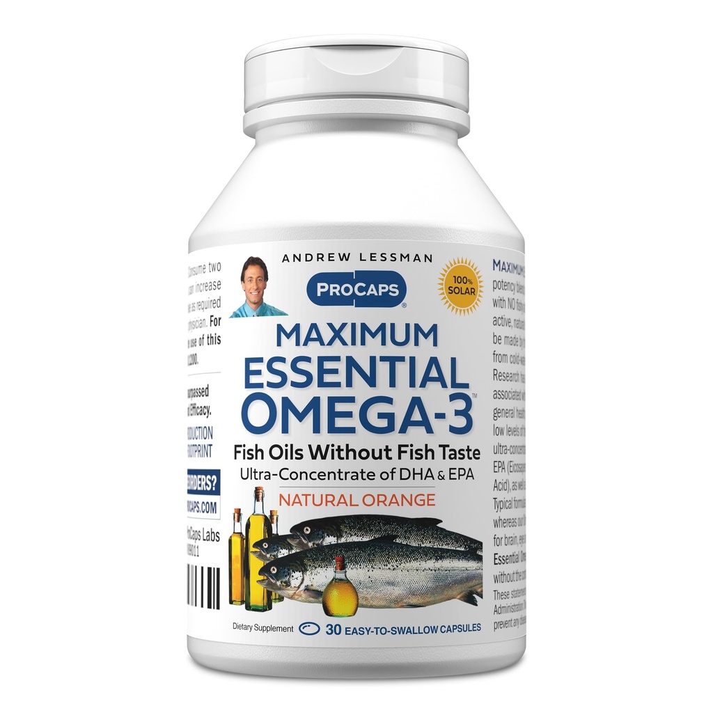 ANDREW LESSMAN Maksimal essensiell Omega-3 oransje - 30 Softgels - Ultra-Pure, høy potens Omega-3 oljer. Høy DHA, ingen mage-upset, ingen kontaminanter, ingen Mercury. Små lett å svelge Softgels