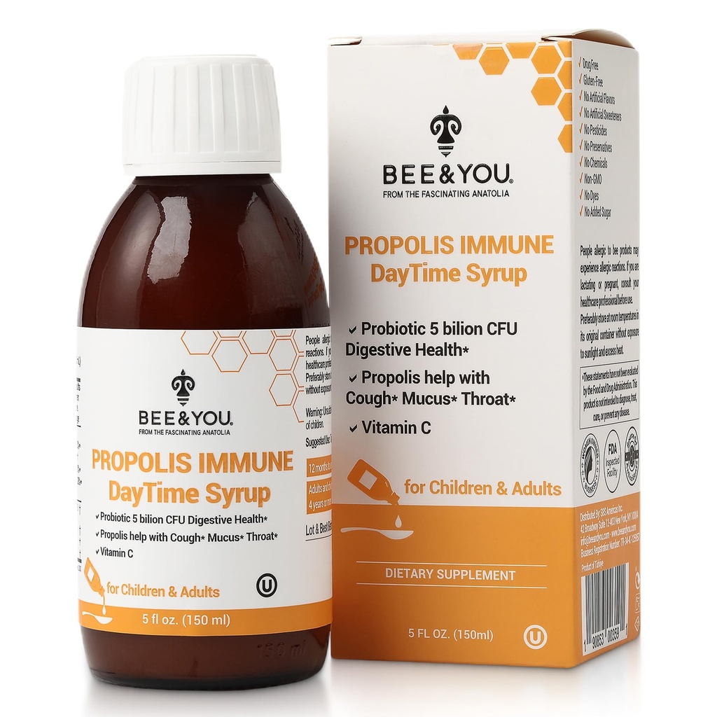 Bee and You Propolis Immune Day Time Syrup med probiotiske, vitamin C, immun støtte, Digestive helse, Antioksidanter, Gut Helse 5 Fl Oz