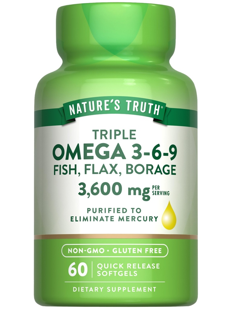 Naturens sannhet Trippel Omega 3-6-9 Softgels | 3600mg | 60 greve | Fisk, Flax, Borasjeoljer | Ikke-GMO & Glutenfri Supplement