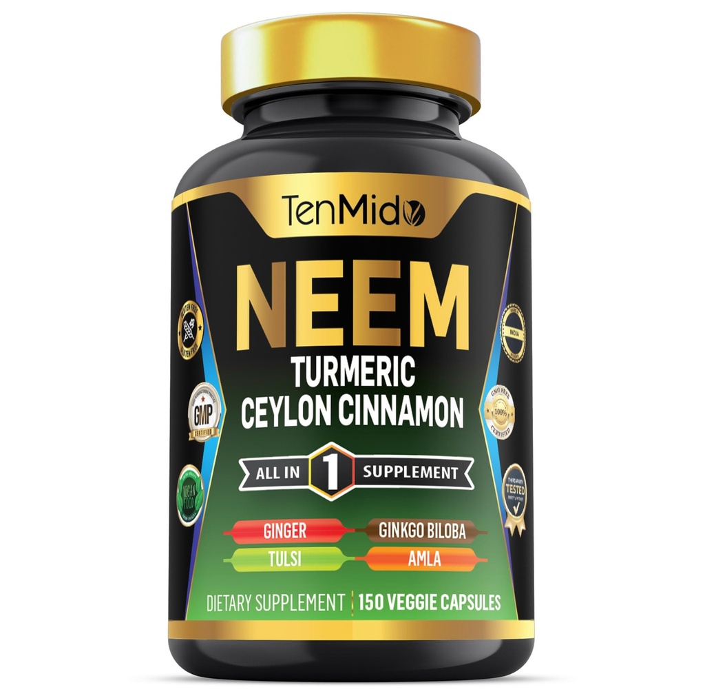 Neem Leaf Supplement - 8in1 Formula - Kombinere med Turmeric, Ceylon Cinnamon, Ginger, Tulsi, Ginkgo Biloba, Amla og Black Pepper - Immune Health Support - 150 Vegan Capsules