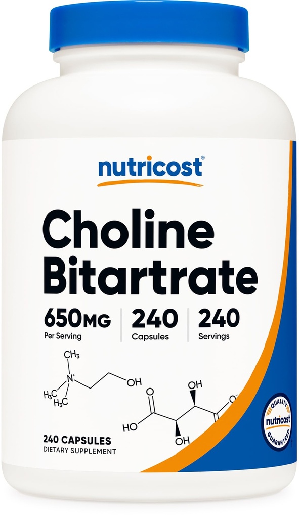 Nutricost Choline Bitartrat 650mg, 240 Vegetariske kapsler - Ikke-GMO, Vegetarvennlig, Glutenfri