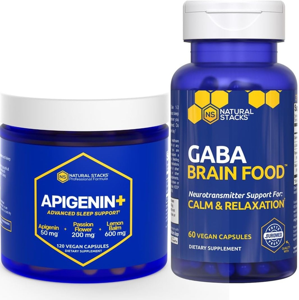 NATURAL STACKS GABA Brain Food + Apigenin Supplement for sovebund - Støtter avslapping og søvn * - 180 Totale kapsler