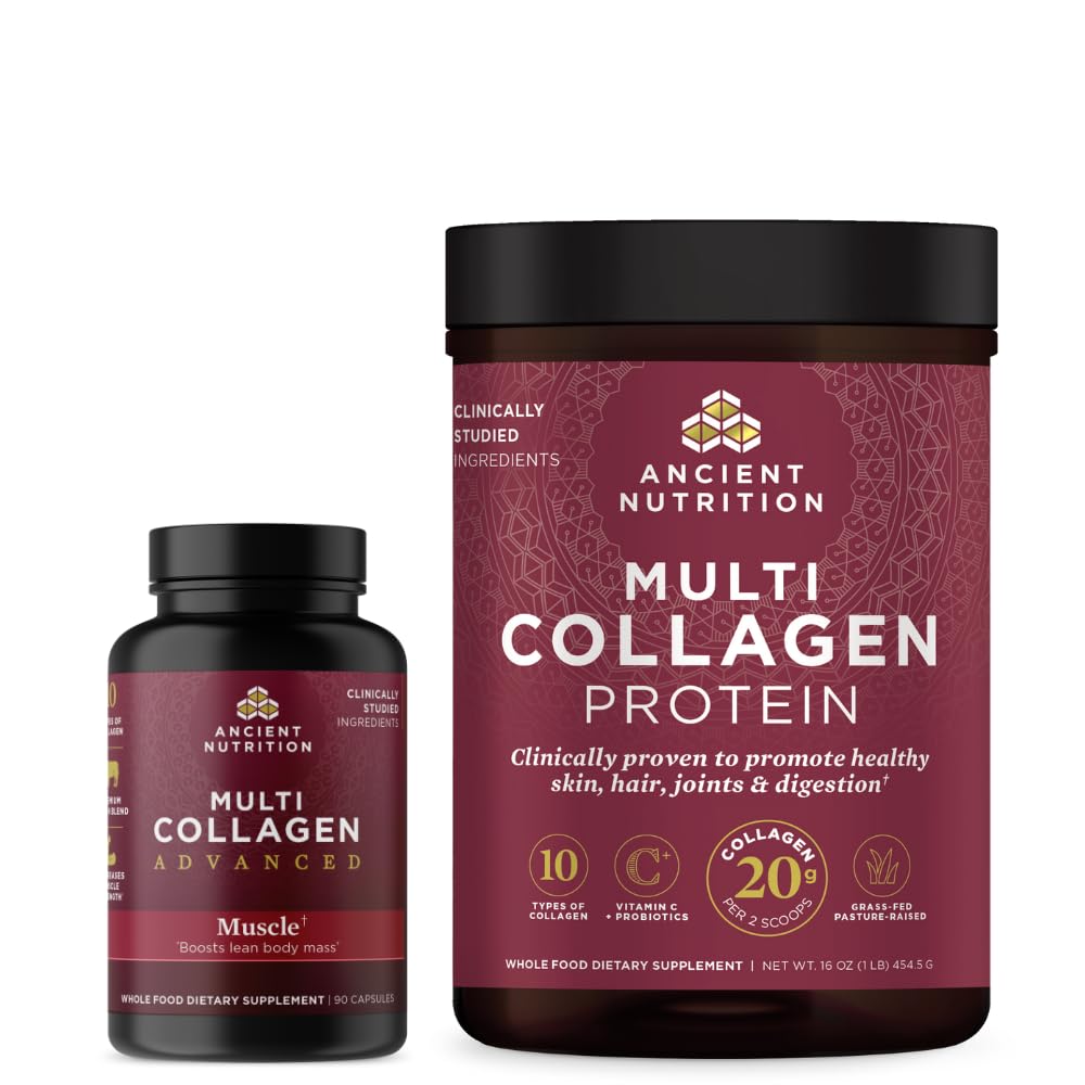 antikkens Nutrition Multi Collagen Avanserte kapsler, Muskel, 90 Antall + Multi Collagen Protein Powder, Unflavored, 45 Serveringer