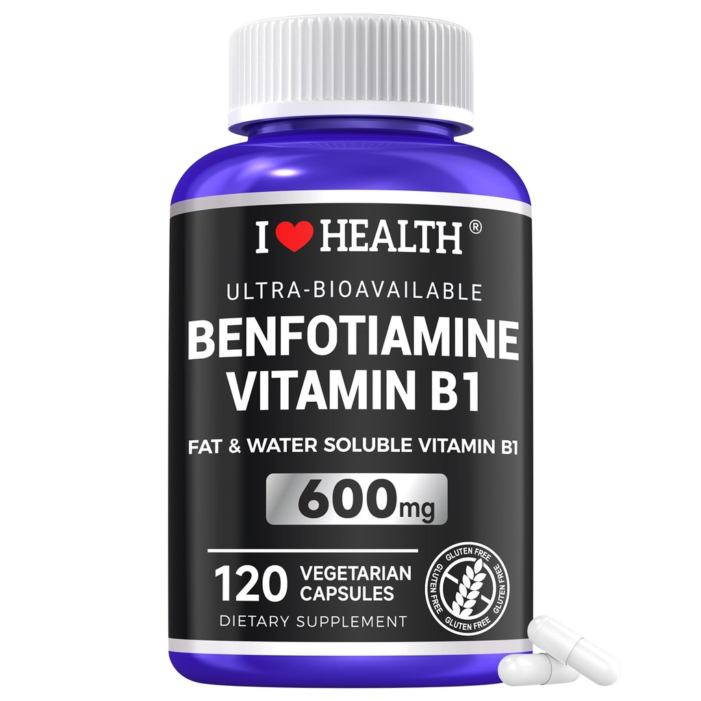 Benfotiamin 600mg Plus 20mg vitamin B1 | 120 Veggie Capsules | Laget i USA | 3rd Party Testet | Fett Oppløselig Essential vitamin B1 Thiamine Supplement | Ikke-GMO | Glutenfri vegetarianvennlig