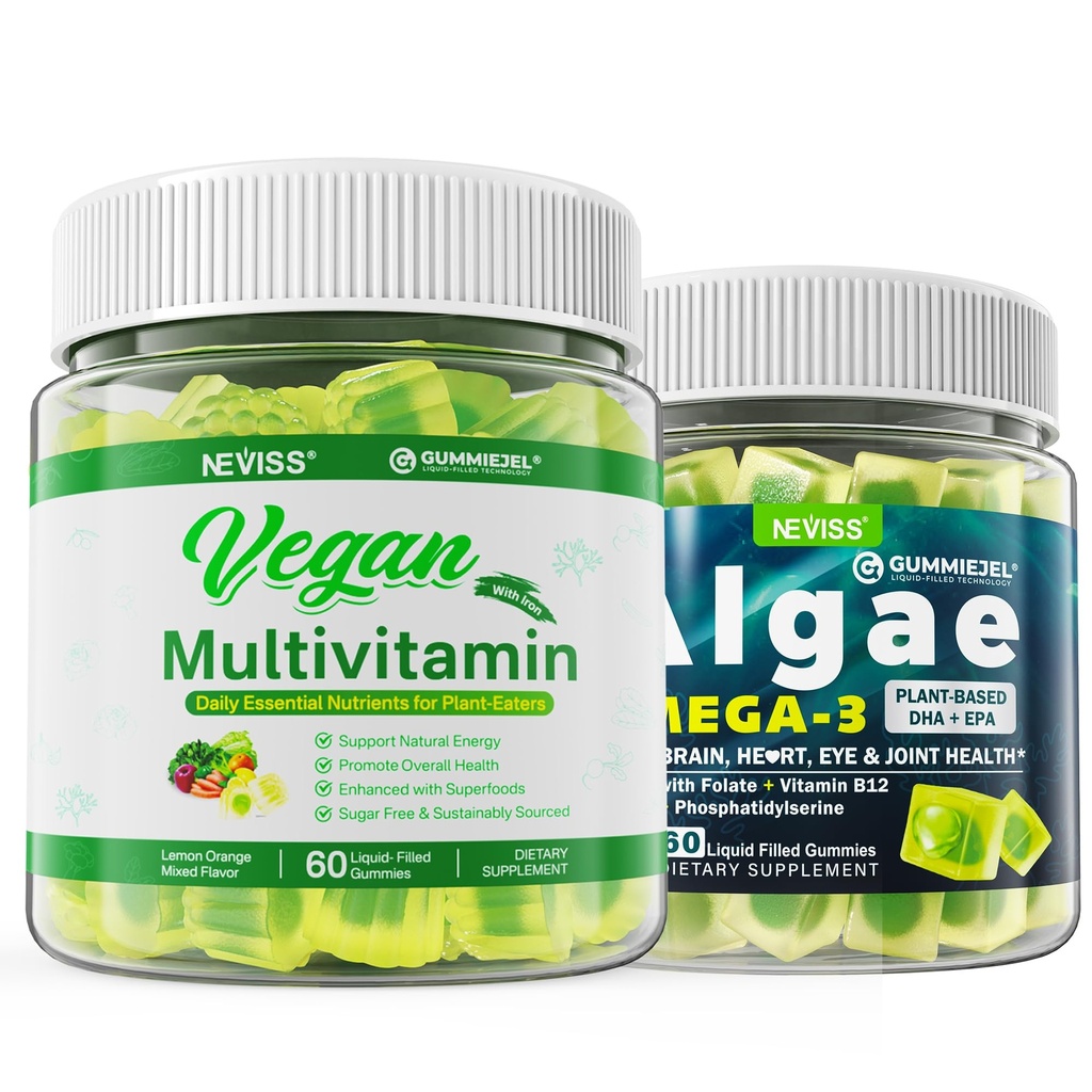 Vegan Omega 3 Gummies 1000mg med vegansk multivitamin for kvinner menn med jern, vitamin B12, A, D3, K2, Algae Omega 3, Magnesium, sink