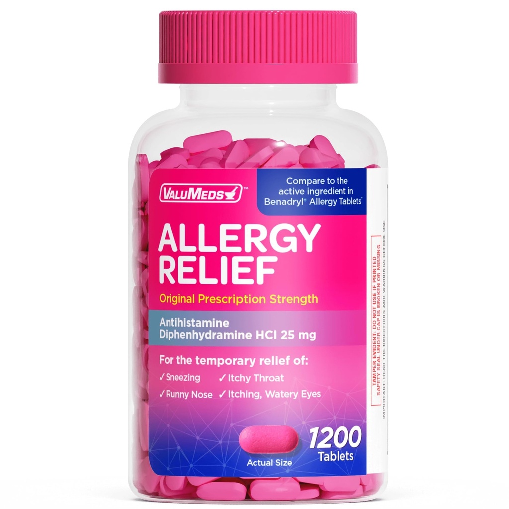 ValuMeds Allergimedisin Antihistaminer, Diphenhydramin HCl 25 mg | Barn og voksne | Relieve Itchy Eyes, Runny Nese, Sneezing (25 mg, 600)