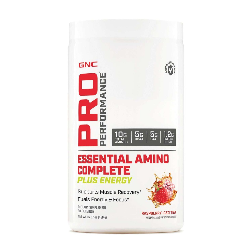 GNC Pro ytelse essensiell Amino komplett Plus energi - bringebær Iced te | 5g BCAA, 5g EAA Plus energi blanding og elektrolyte kompleks | 30 serveringer