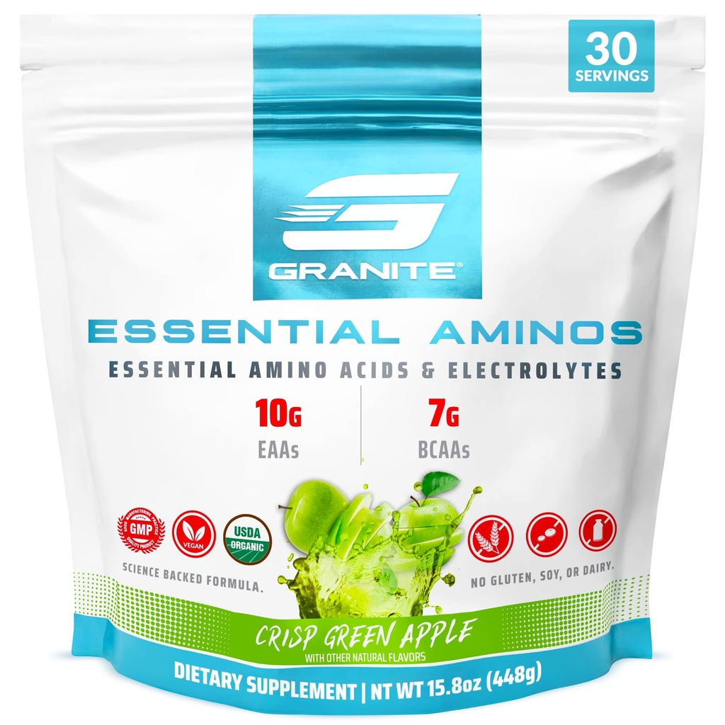 Granitt essensielle aminosyrer pulver, grønn Apple Flavor, med 10g EAA og 7g BCAA, støtter muskelgjenvinning og vekst, Soya-fri, Glutenfri (30 serveringer)
