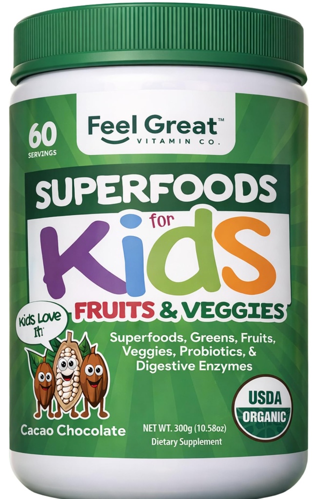 Feel Great USDA Organic Super Greens Powder for barn - Cocao sjokolade | Fruit & Veggie Supplement | Superfood pulver med probiotika og digestive enzymer for digestive helse | 60 dagers forsyning