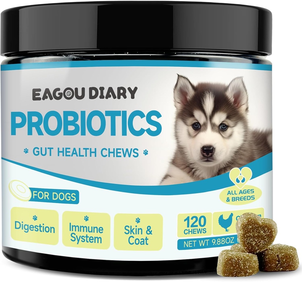 Eagou Diary Probiotika for hunder - Hundeprobiotika for Digestive Helse, Gut Helse Supplement med Prebiotika, Goat Melk, Omega 3, Vitaminer, Chews for Canine diarrea, Mage, Gass Relief - 120 Ct
