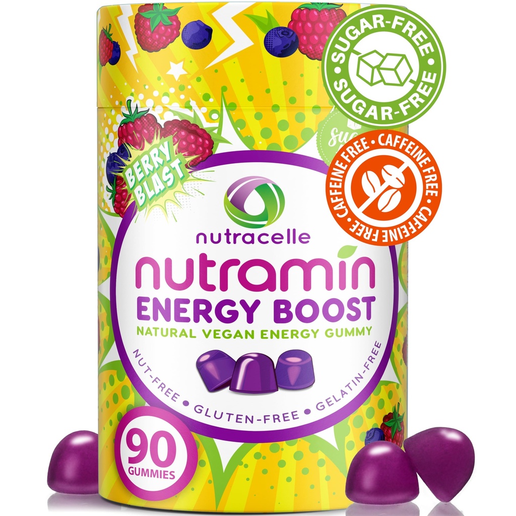 NUTRAMIN Energi Boost Vitamin Gummy - Skip The Coffee & Boost din energi, kaffe-fri, sukker-fri, Vegan, B12, Grønn Te, Ashwagandha, Garcinia Cambogia, Bringebær Adaptogen - 90 ct