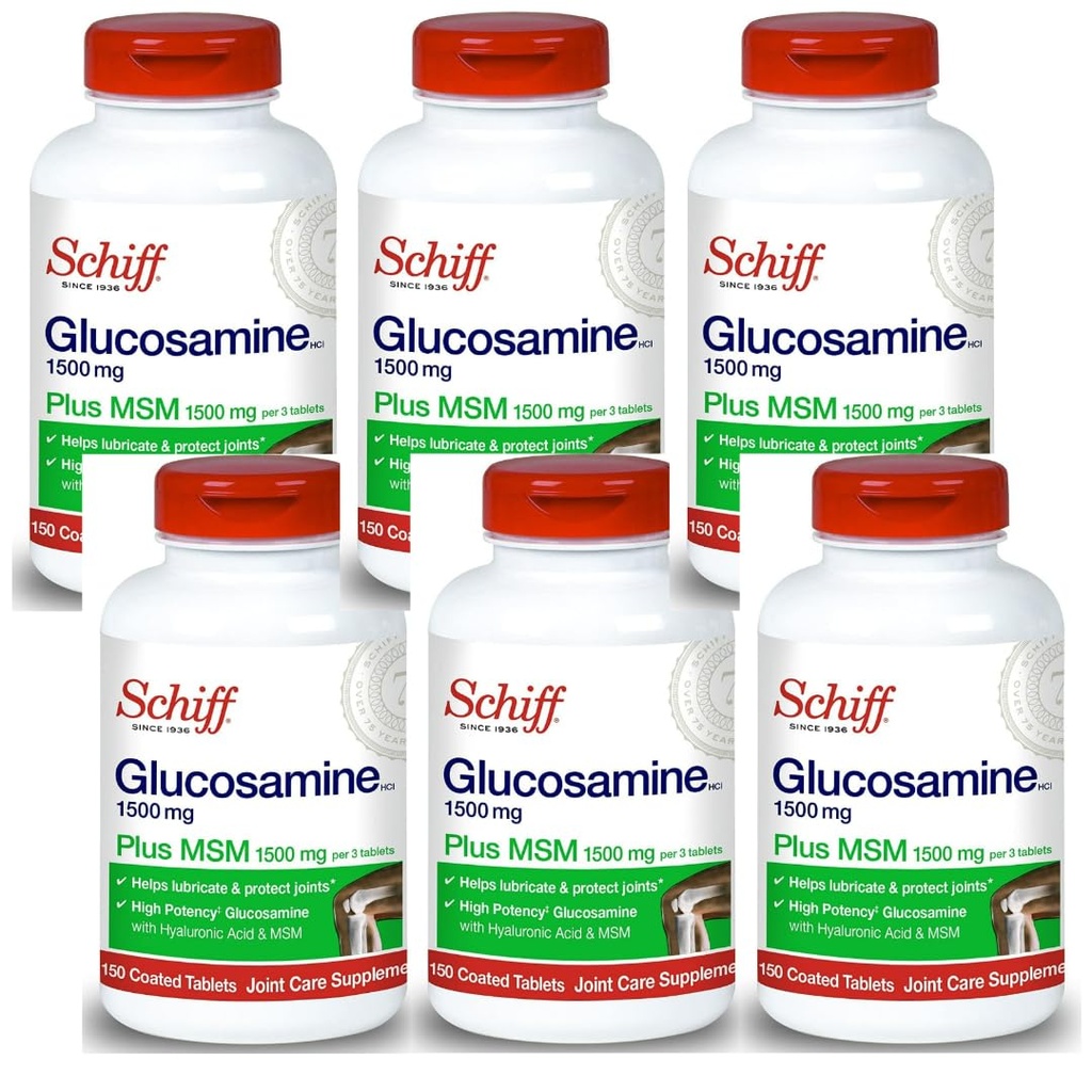 Schiff Glukosamin 1500mg Plus MSM og Hyaluronsyre, 150 tabletter - Joint Supplement (Pack of 6)