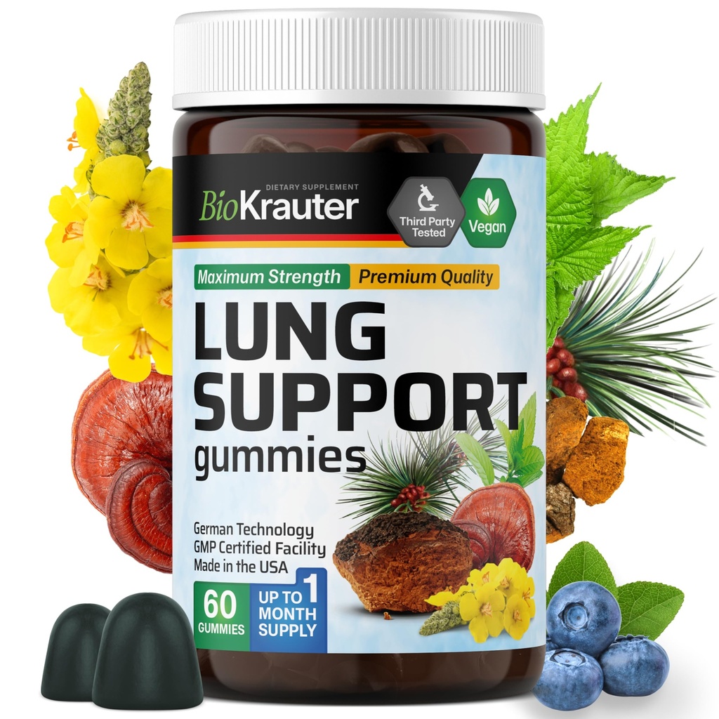 BIO KRAUTER Lung Detox Gummies - 60 Vegan Chews - Lung Cleanse Supplement m/Vitamin C & Mullein Leaf Blend - Respiratorisk støtte
