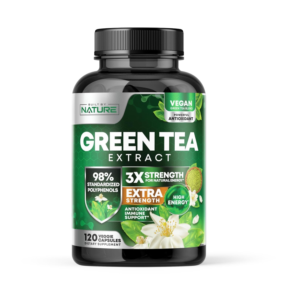 Bygget av Nature Green Tea Extract 1000mg – høy styrke Supplement med 98% Polyfenoler, 75% Catechiner og 45% EGCG – naturlig energistøtte – ikke-GMO – 120 kapsler