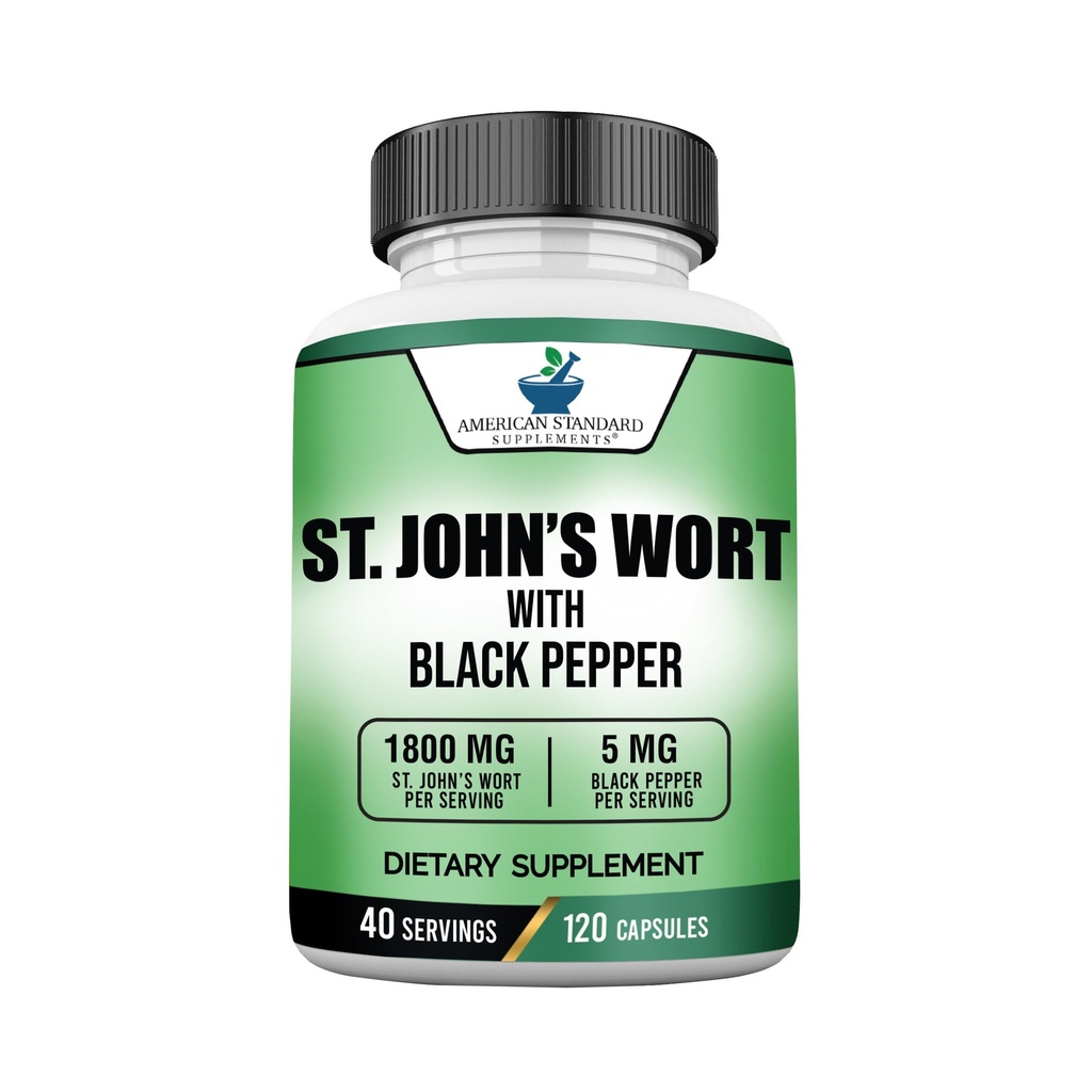 Amerikansk standard kosttilskudd St. John's Wort 1800mg Per servering med svart pepper frukt ekstrakt - Vegansk, Glutenfri, Ikke-GMO, 120 kapsler, 40 serveringer