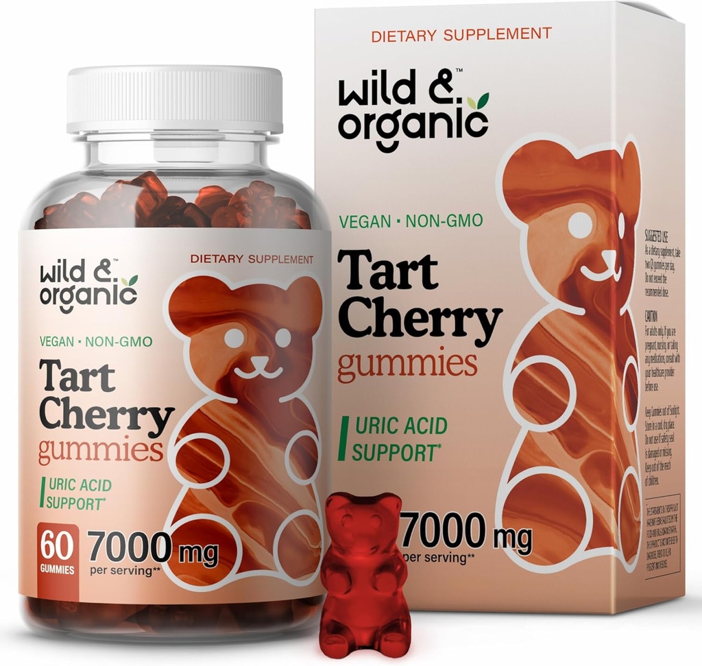 Wild & Organic Tart Cherry Gummies 7000 mg - Tart Cherry ekstrakt Supplement for urisk nivå støtte - 60 Vegan, ikke-GMO Chews