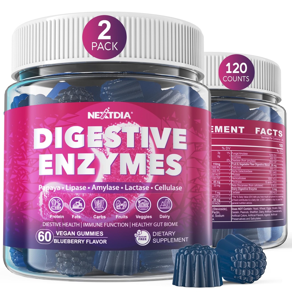 Digestive Enzymer for kvinner og menn Gummies w/ Probiotika, Papaya, Bromelain, Ginger - Bloating Relief & Gut Helse Chewable Supplement Digest Proteiner Dairy Carbs Veggies Fett, Sukkerfri Vegan, 120Cts