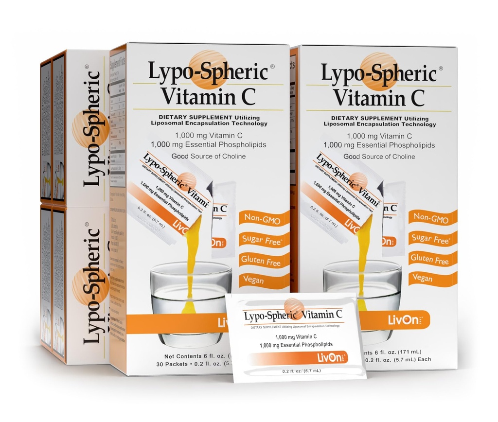 LivOn Laboratories Lypo-Spheric Vitamin C – 6 Kartonger (180-pakninger) – 1000 mg vitamin C & 1000 mg essensielle fosfolipider per pakke – Liposome innkapslet for forbedret absorpsjon – 100% ikke-GMO