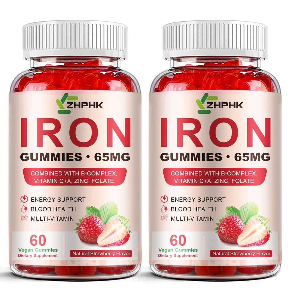 Iron Supplement Gummier for kvinner, menn og barn, 65mg Jern og 250mg Vitamin C per servering - Sunn blod, energi og immun støtte jern vitamin Gummy med folat, 2 pakke