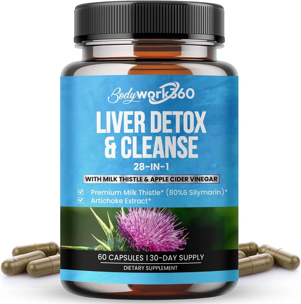 Liver Detox & Cleanse - 28-i-1 Liver Reparasjon og støtte Supplement for menn og kvinner med melk Thistle, Apple Cider Vinegar, Dandelion Root Extract & Artichoke Extract - Ikke-GMO, 60 Kapsler