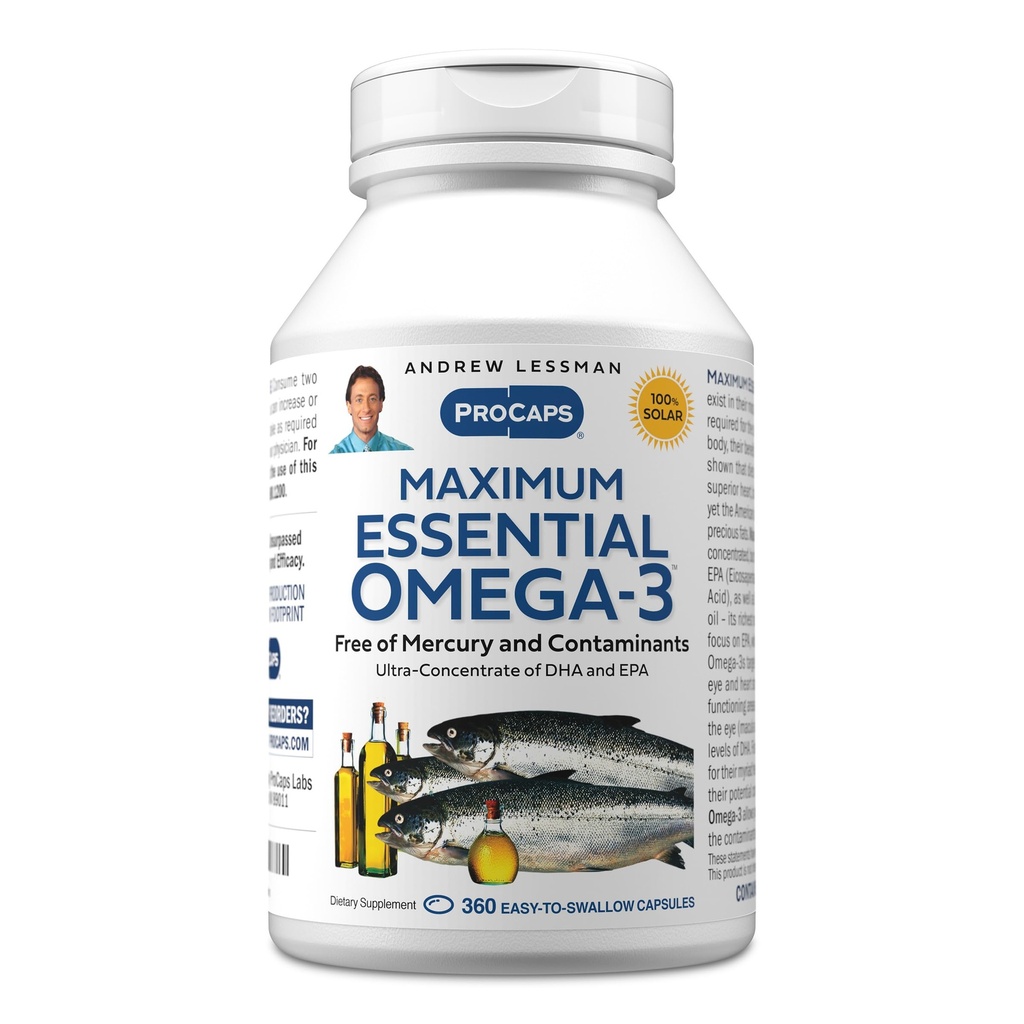 ANDREW LESSMAN Maximum Essential Omega-3 Unflavored, 360 Softgels - Ultra-Pure Omega-3 Fish Oil 1200 mg-High DHA, No Mercury Supplement-Small, Easy to Swallow Fish Oil Capsules