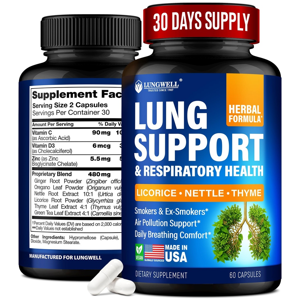 Slutt å røyke Aid for Lung Cleanse & Health - Laget i USA - Lung Detox med Licorie Root, Ginger & Nettle Root, Grønn Te, Thyme & Oregano Leaves for Lung Clear Support & Stress Relief - 60 Kapsler