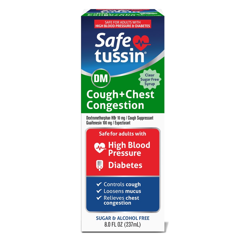 Safetussin DM Cough & Chest Congestion, 8 oz, Forventet Mucus Relief, Cough Relief Syrup, trygt for voksne med høyt blodtrykk og diabetes