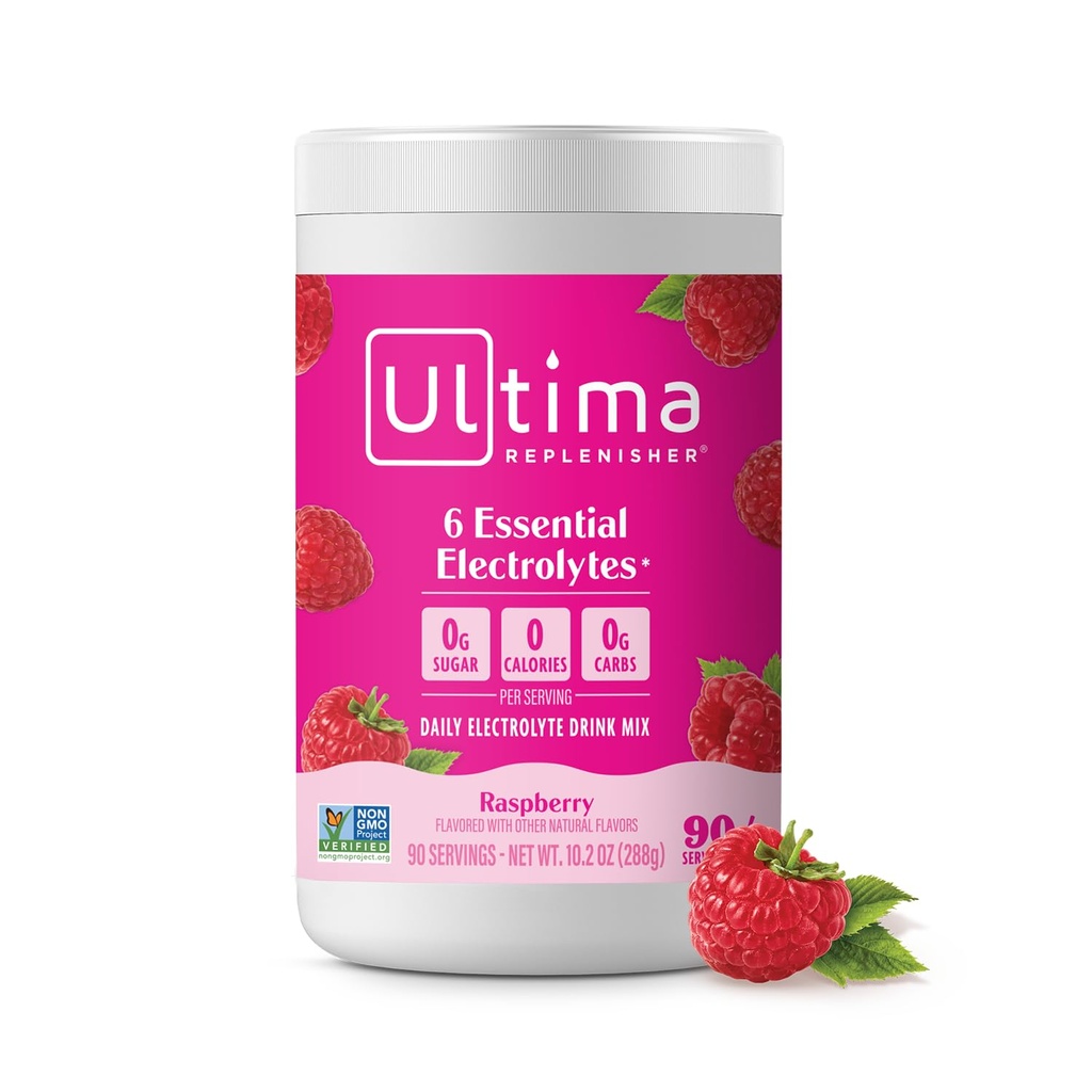 Ultima Replenisher Daglig Electrolyte pulver drikk blanding – sukkerfri – bringebær, 90 serveringer – Hydration pulver med 6 nøkkel elektrolyter og spormineraler – ketovennlig, vegansk, ikke-GMO