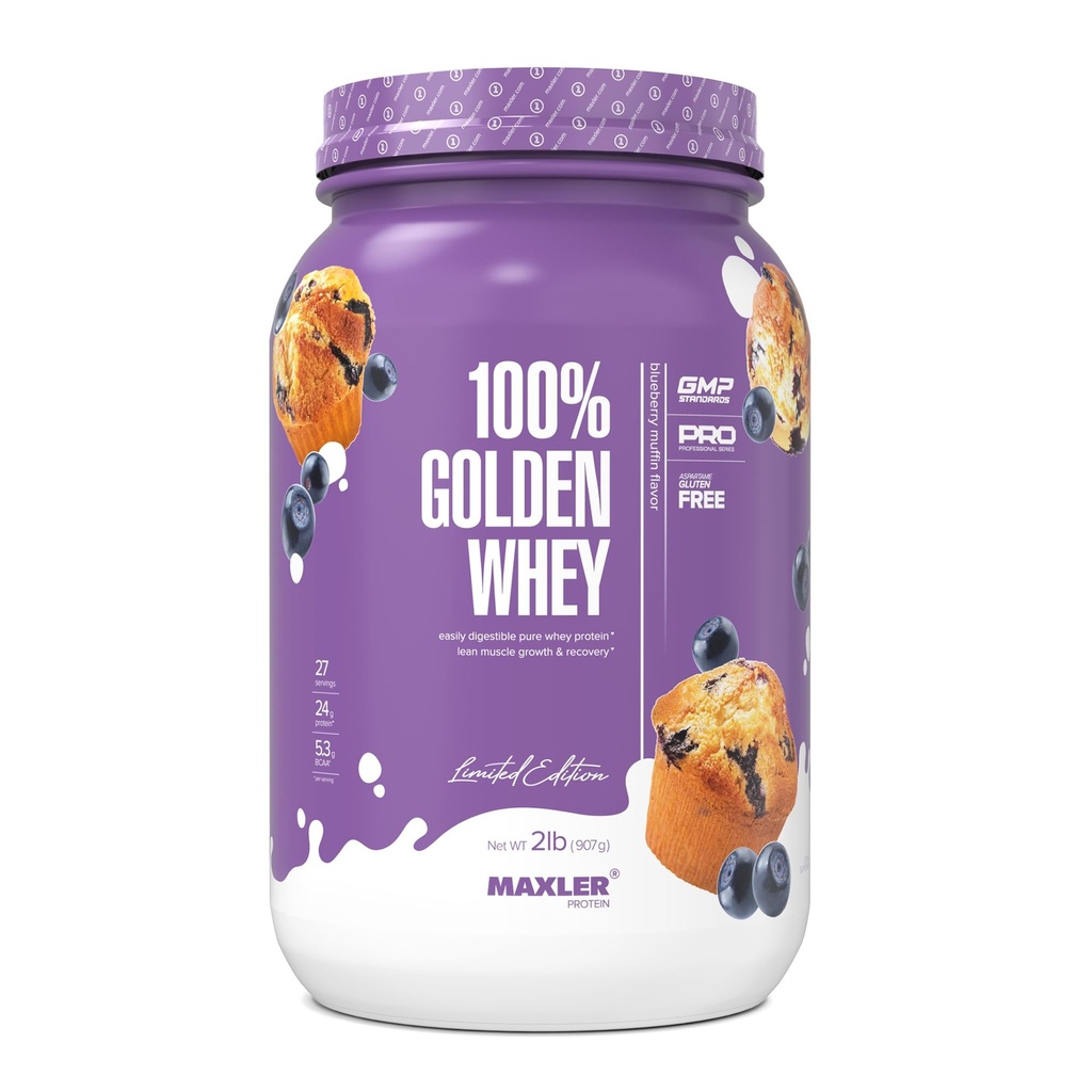 Maxler 100% Golden Whey Protein - 24 g protein per servering - Premium Whey Protein pulver for pre post trening - Fast-absorberende Whey Koncentrat, Isolat & Hydrolysate Blanding - Blueberry Muffin 2 lb