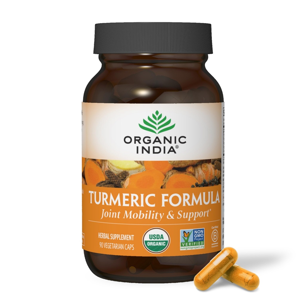 ORGANIC INDIA Turmeric Curcumin med svart pepper - økologisk gurkemeie Supplement og curcumin Supplement, gurkemeiekapsler, felles støtte og immunsystem støtte, hele rot, trikatu - 90 kapsler